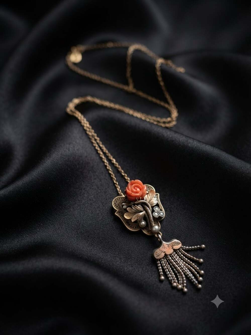 Antique Chinese Sterling Silver Filigree Chatelaine Pendant  Carved Coral Rose